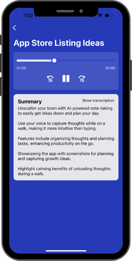 Screenshot of app showing transcription and summary of voice journal
